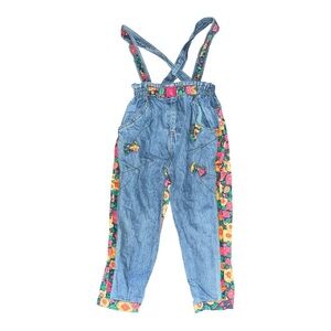 Vintage girls toddlers denim colorful overalls size 4 Jean rare floral belted